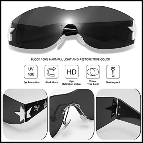 Y2K Rimless Wrap Around Sunglasses Star Pattern Futuristic Shield Shades main image 7